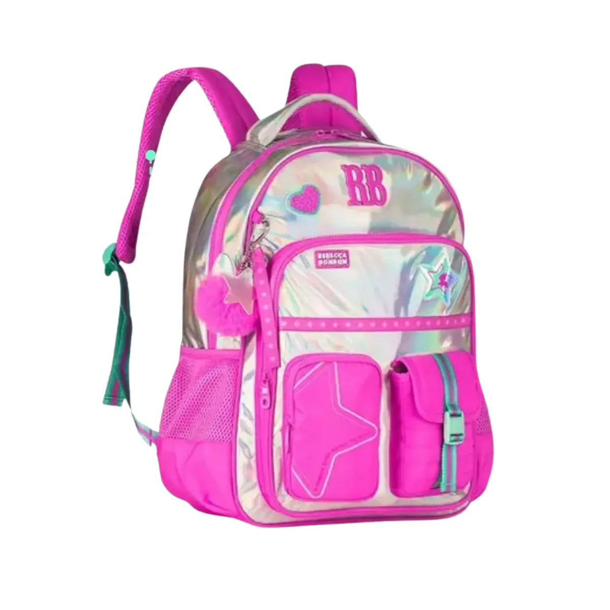 Mochila de Costas Rebecca Bonbon Rosa Holográfica com Bolsos Frontais