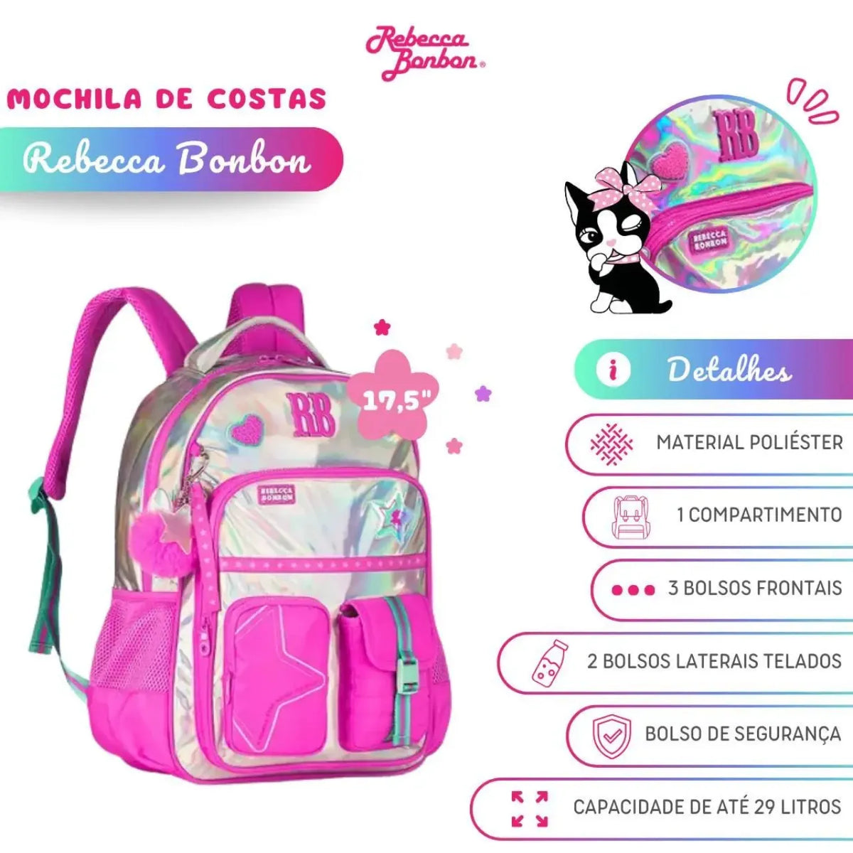 Mochila de Costas Rebecca Bonbon Rosa Holográfica com Bolsos Frontais