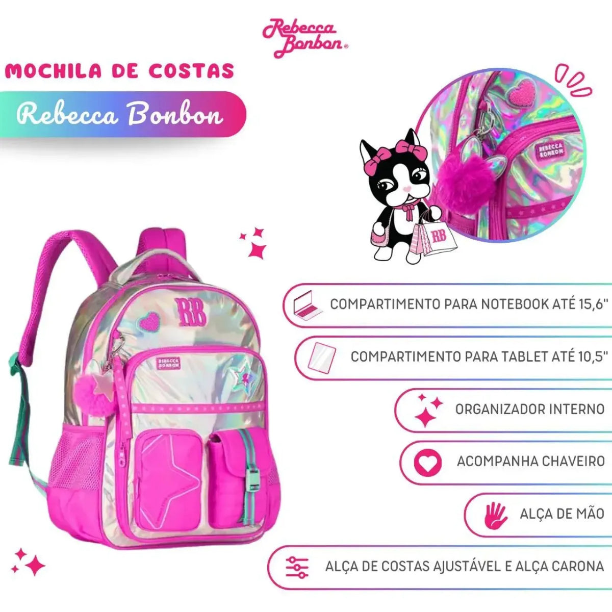 Mochila de Costas Rebecca Bonbon Rosa Holográfica com Bolsos Frontais