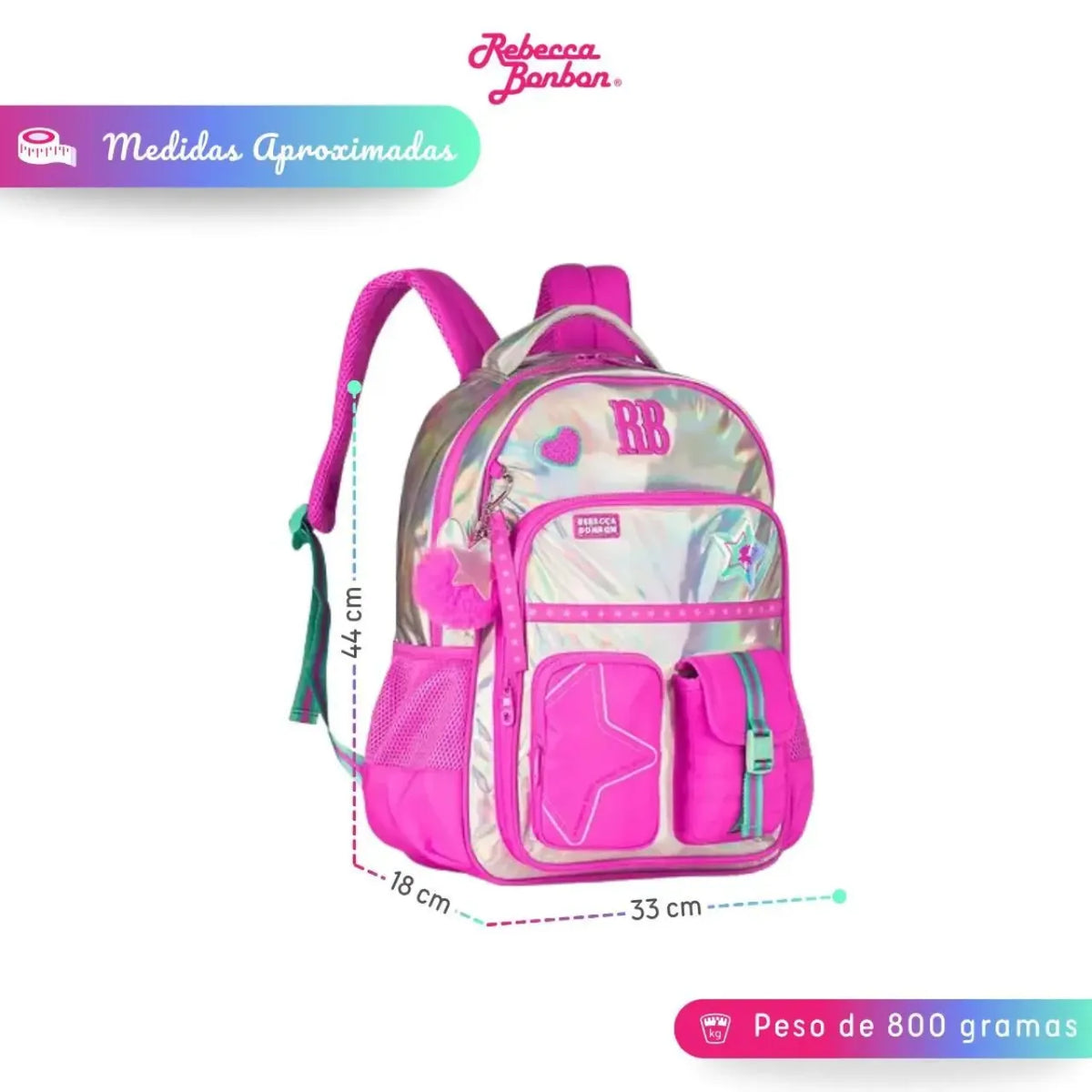 Mochila de Costas Rebecca Bonbon Rosa Holográfica com Bolsos Frontais