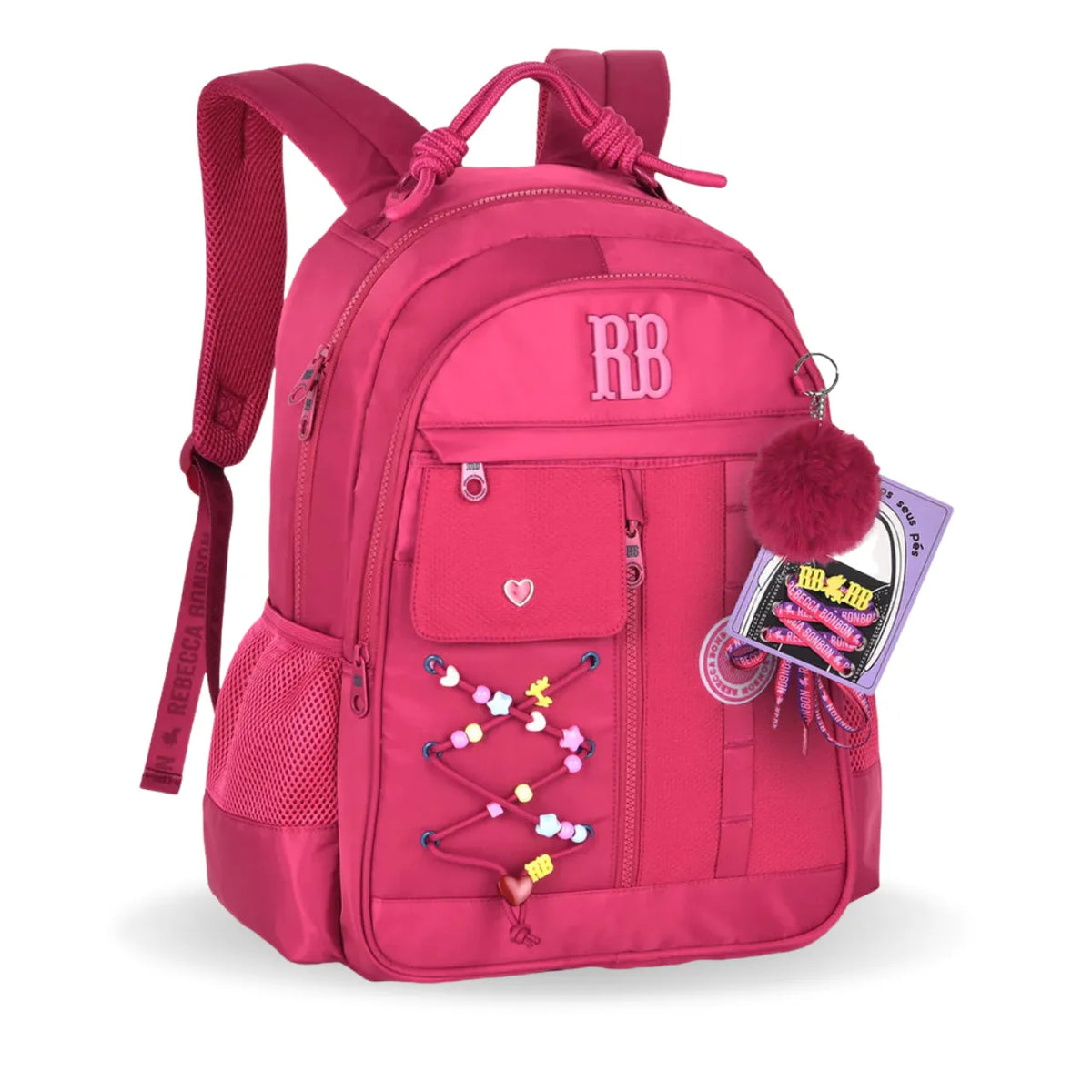 Mochila de Costa Rebecca Bonbon Rosa com Cardaços e Bolso Frontal