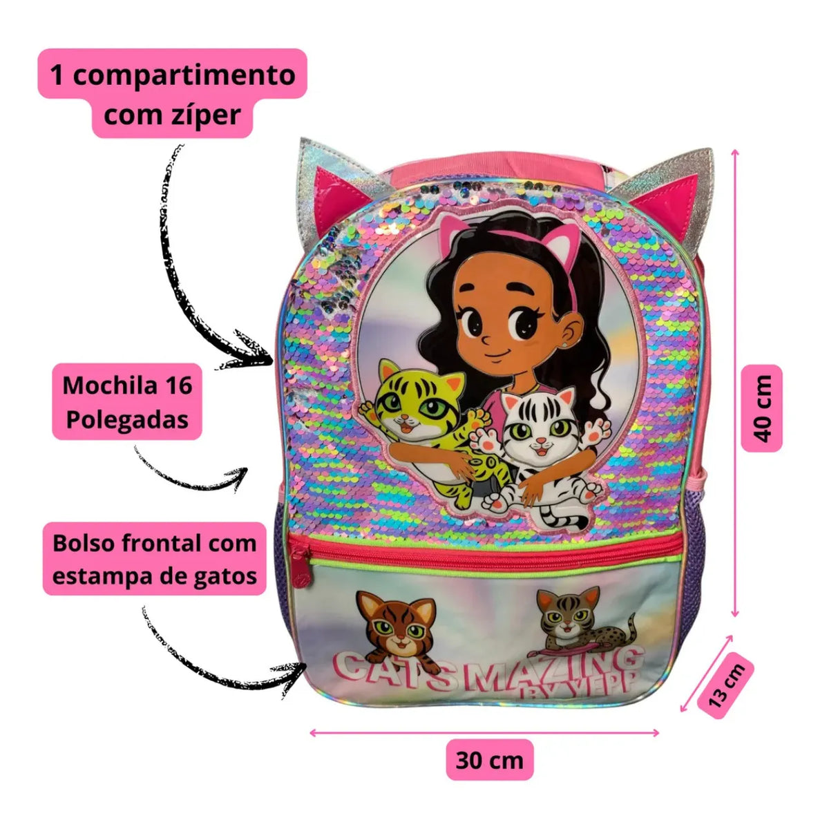 Mochila Infantil Escolar Costas Cats Lantejoula Rosa com Bolso Frontal