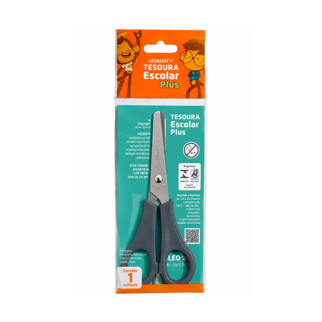Tesoura Escolar Inox Plus Cinza Leo e Leo