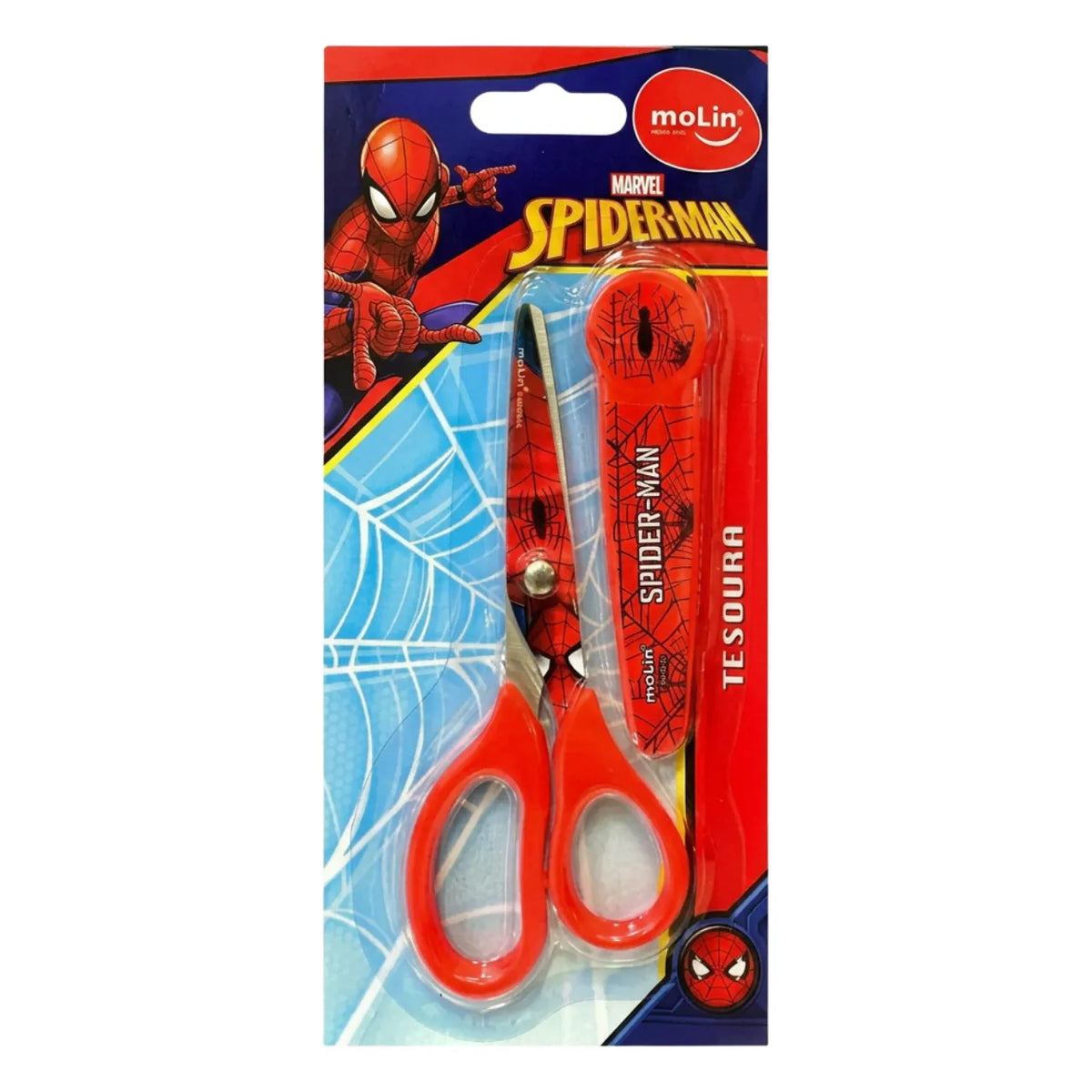 Tesoura com Protetor 13cm Molin Spider-Man Aço Inox Vermelha