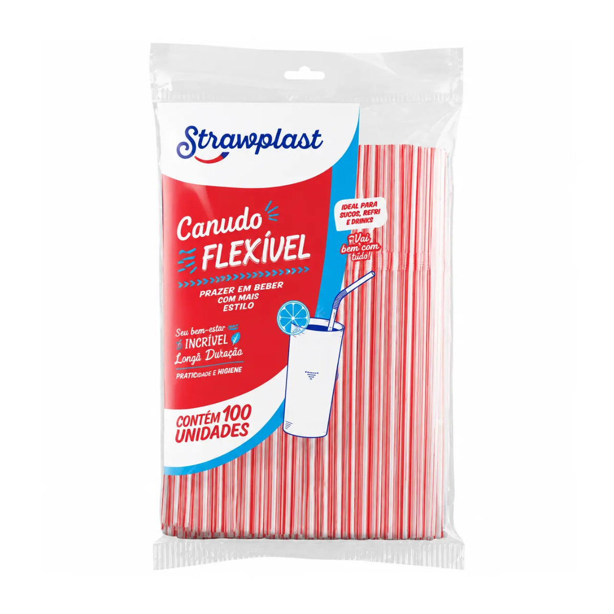 Canudo Flexível Listrado 100 Unidades Strawplast