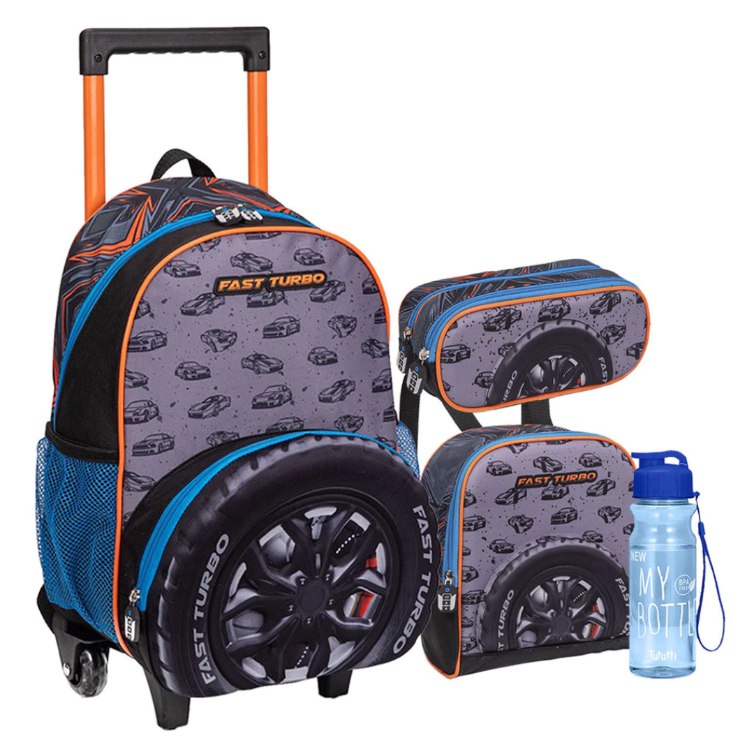 Kit Mochila de Rodinhas Fast Turbo Laranja Nova Rio 4 Peças