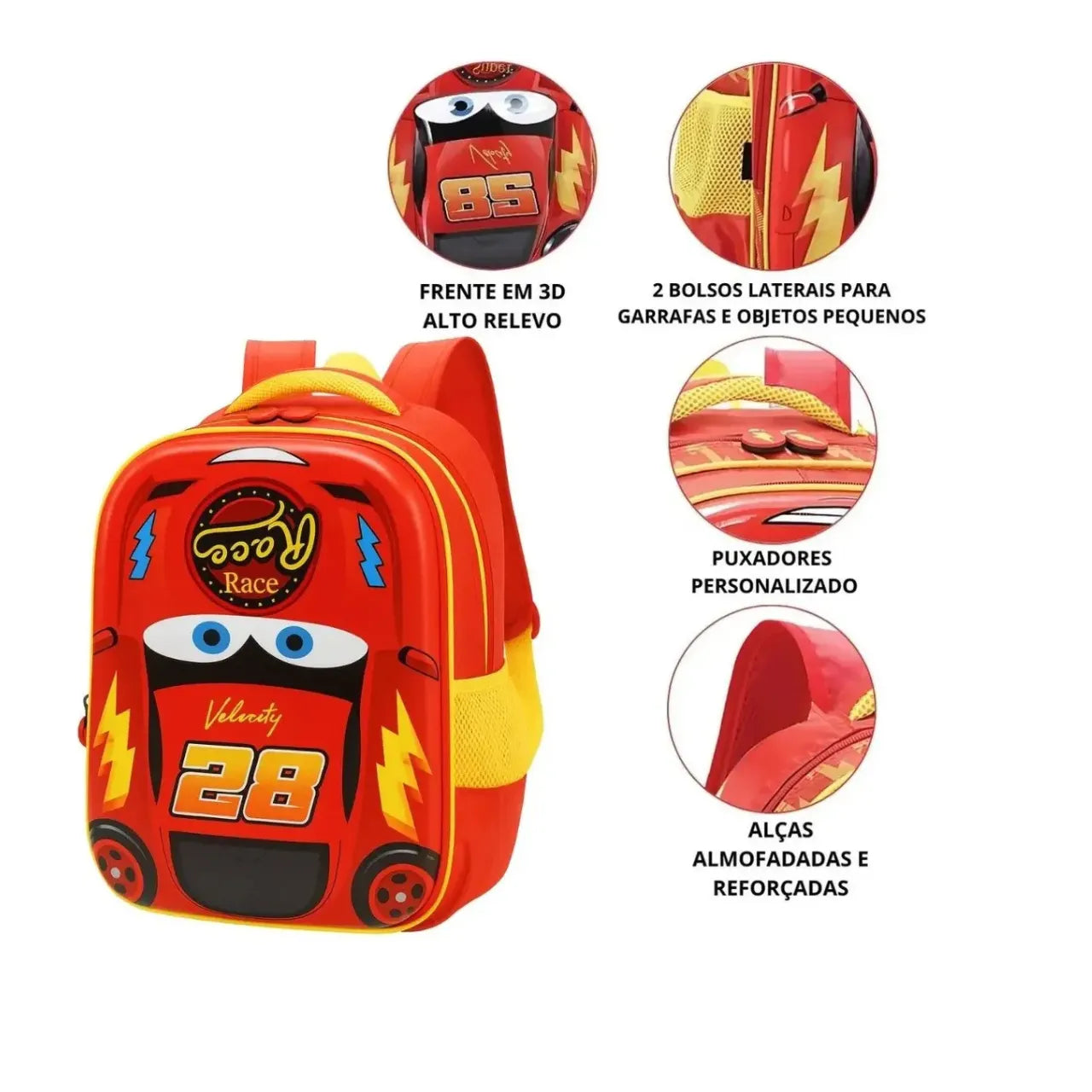 Mochila Infantil 3D Super Race Vermelha Ponto Verde