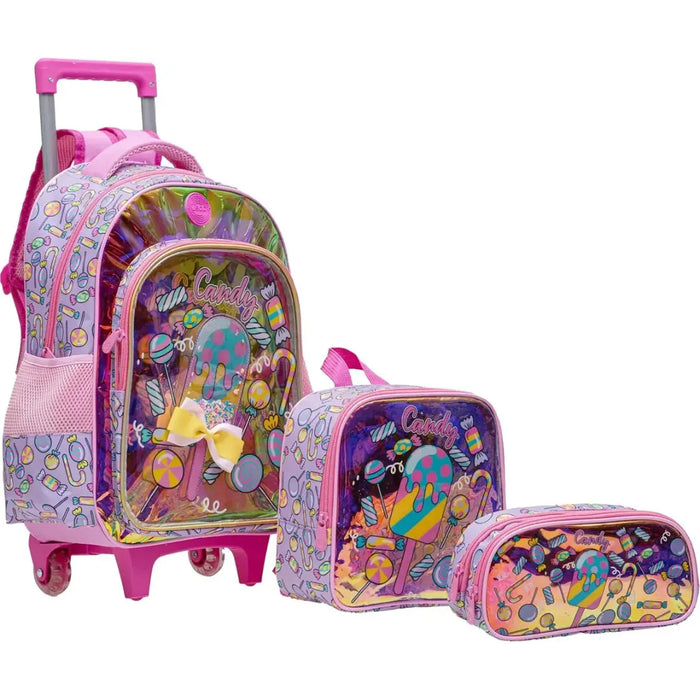 Kit Mochila Infantil Feminina com Carrinho Rosa Yepp com Lancheira e Estojo