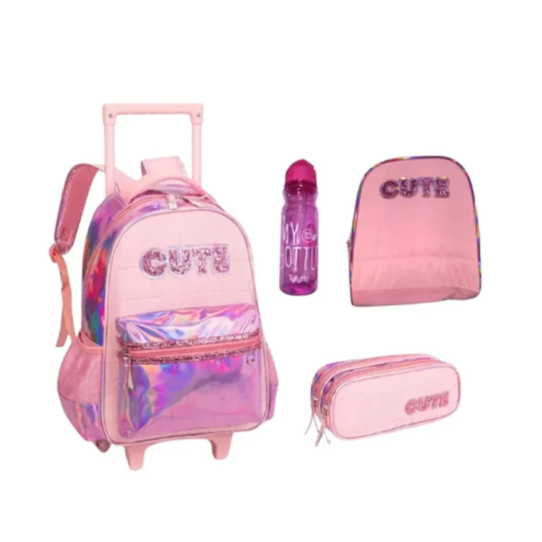 Kit Mochila de Rodinhas Infantil Rosa Nova Rio 4 Peças