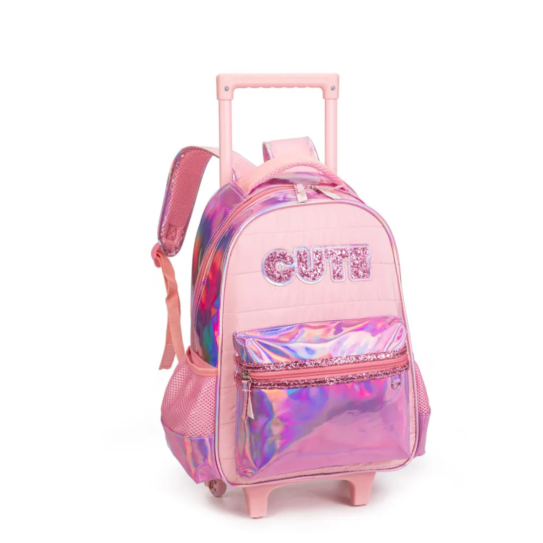 Kit Mochila de Rodinhas Infantil Rosa Nova Rio 4 Peças