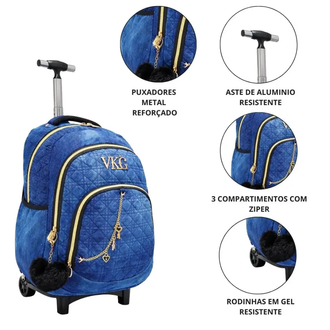 Mochila de Rodinhas Azul VKG Juvenil Ponto Verde