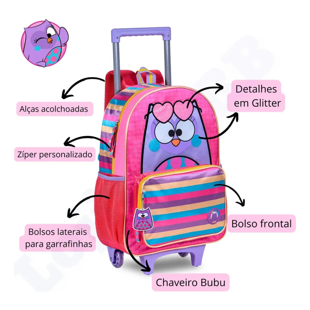 Kit Mochila de Rodinhas Clio Infantil Escolar 3 peças