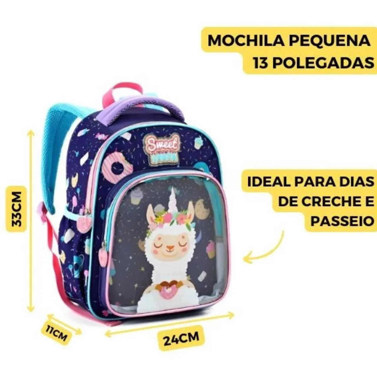 Mochila de Costas Sweet Lhama 16" Denlex Infantil Escolar com Bolsos Laterais