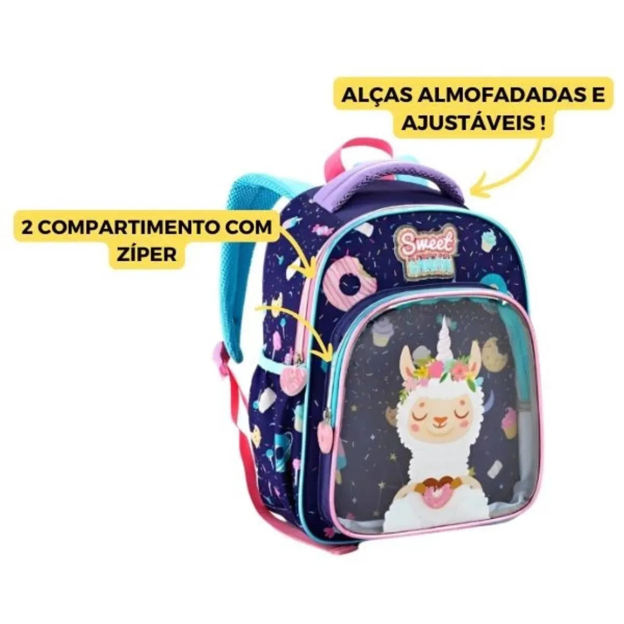 Mochila de Costas Sweet Lhama 16" Denlex Infantil Escolar com Bolsos Laterais