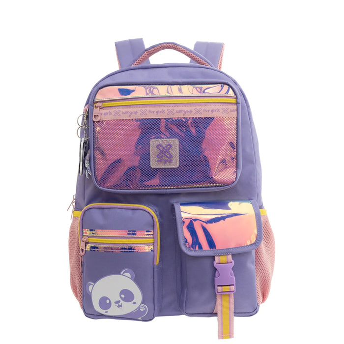 Mochila de Costas Infantil Panda Lilás com Bolsos e Detalhes Holográficos