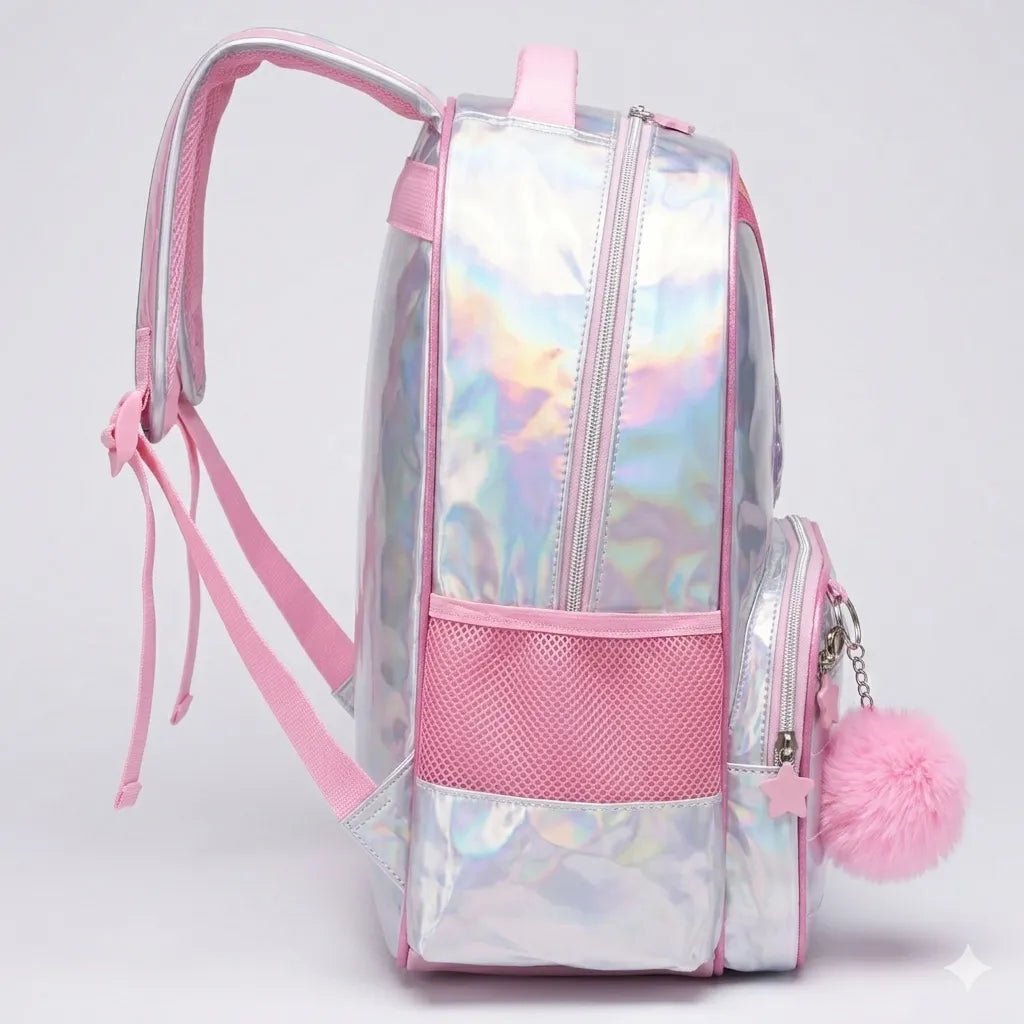 Mochila de Costas Rosa Resistente com Bolsos Laterias Escolar