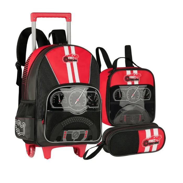 Kit Mochila de Rodinhas Fast Machine Clio Escolar 3 peças