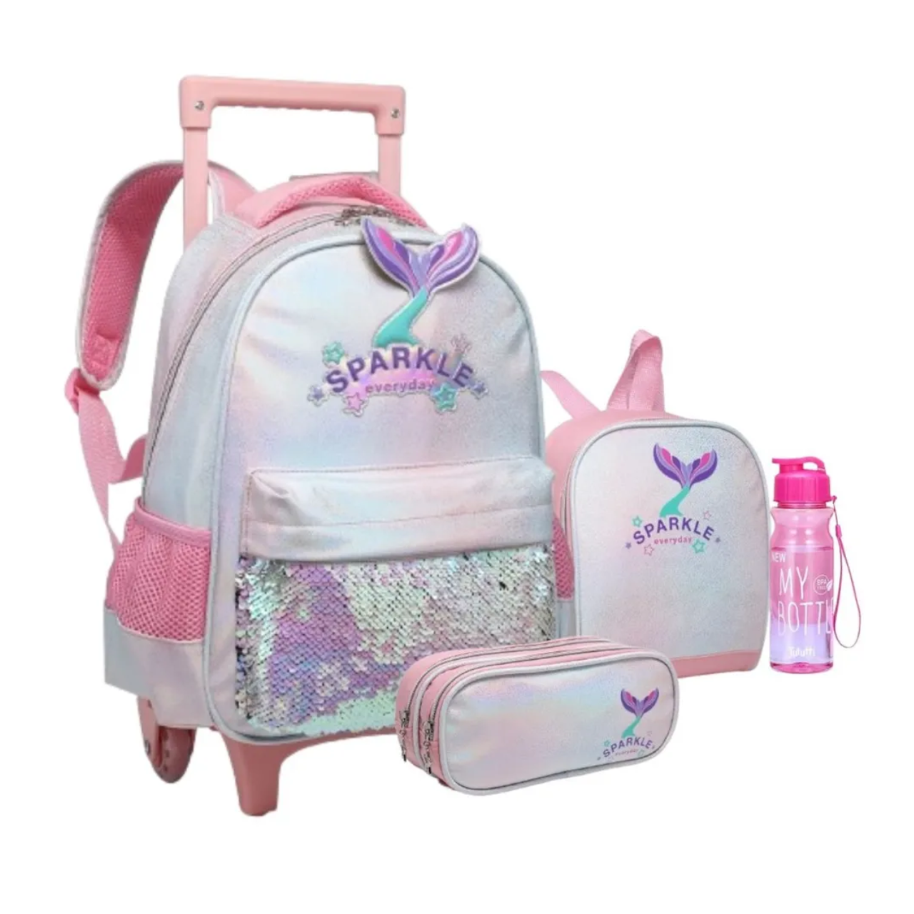 Kit Escolar de Rodinhas Sparkle Rosa 4 Peças com Mochila Lancheira Estojo e Garrafa