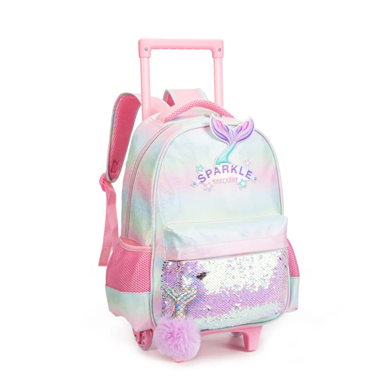 Kit Escolar de Rodinhas Sparkle Rosa 4 Peças com Mochila Lancheira Estojo e Garrafa