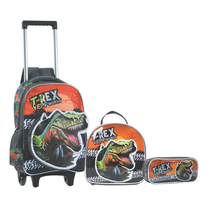 Kit Mochila de Rodinha Dinossauro Cinza Yepp com Lancheira e Estojo
