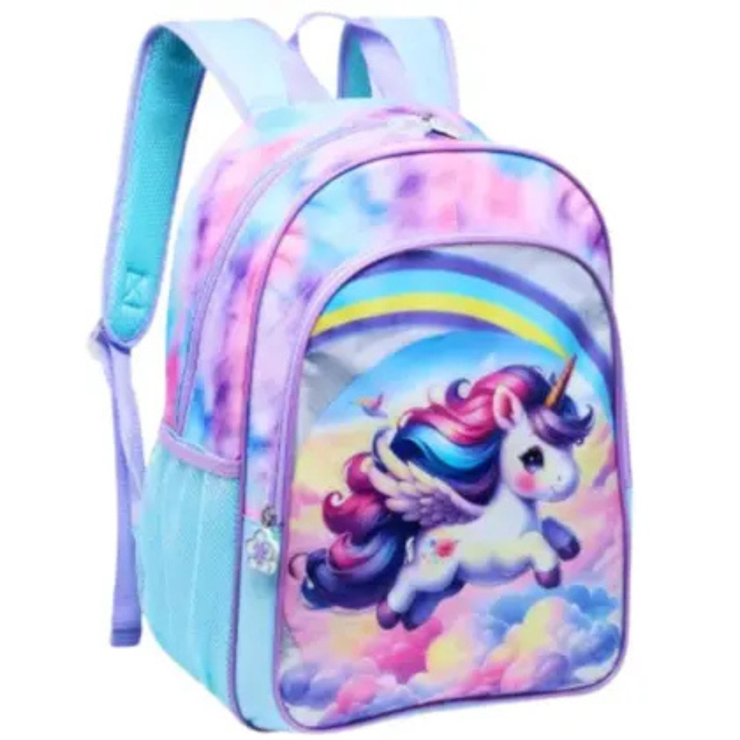Mochila de Costas Unicórnio Lilás Nova Rio Infantil com Bolsos Laterais