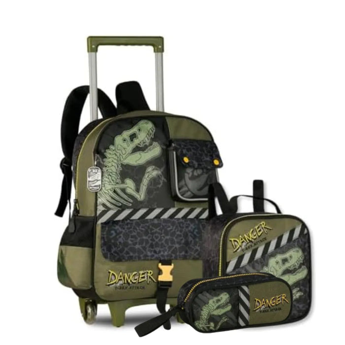 Kit Mochila de Rodinhas 16" Dinossauro Clio Infantil 3 Peças