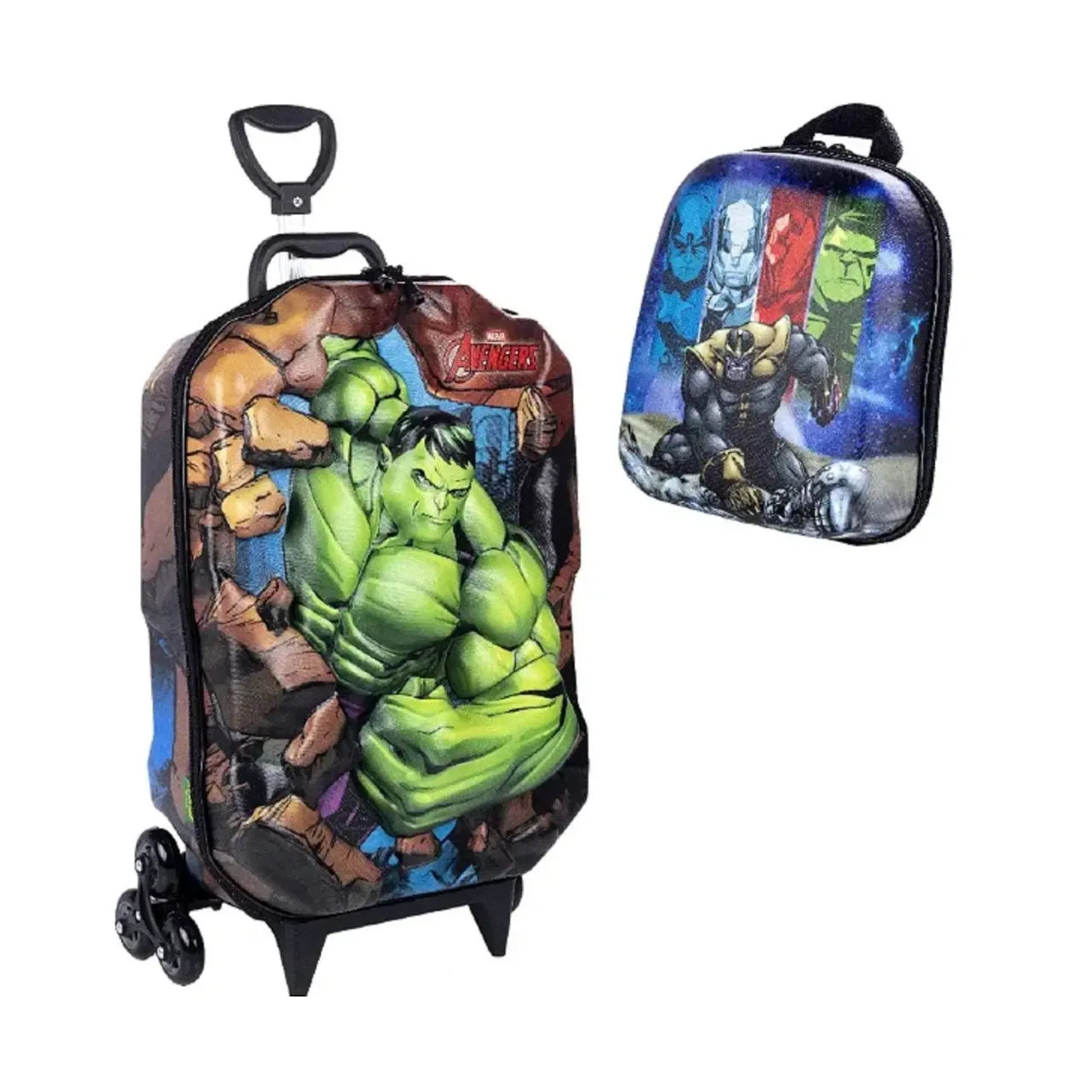 Kit Mochila Rodinhas 3D Hulk Vingadores + Lancheira Maxtoy Diplomata