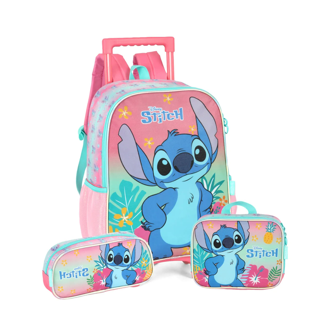 Kit Mochila Rodinha Stitch Rosa com Lancheira e Estojo
