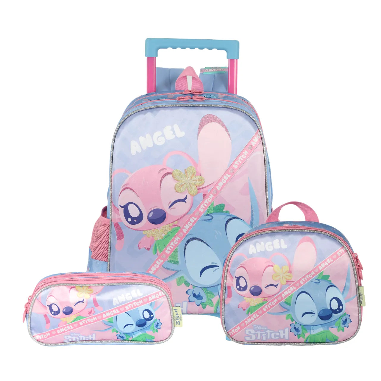 Kit Mochila Rodinha Stitch e Angel com Lancheira e Estojo