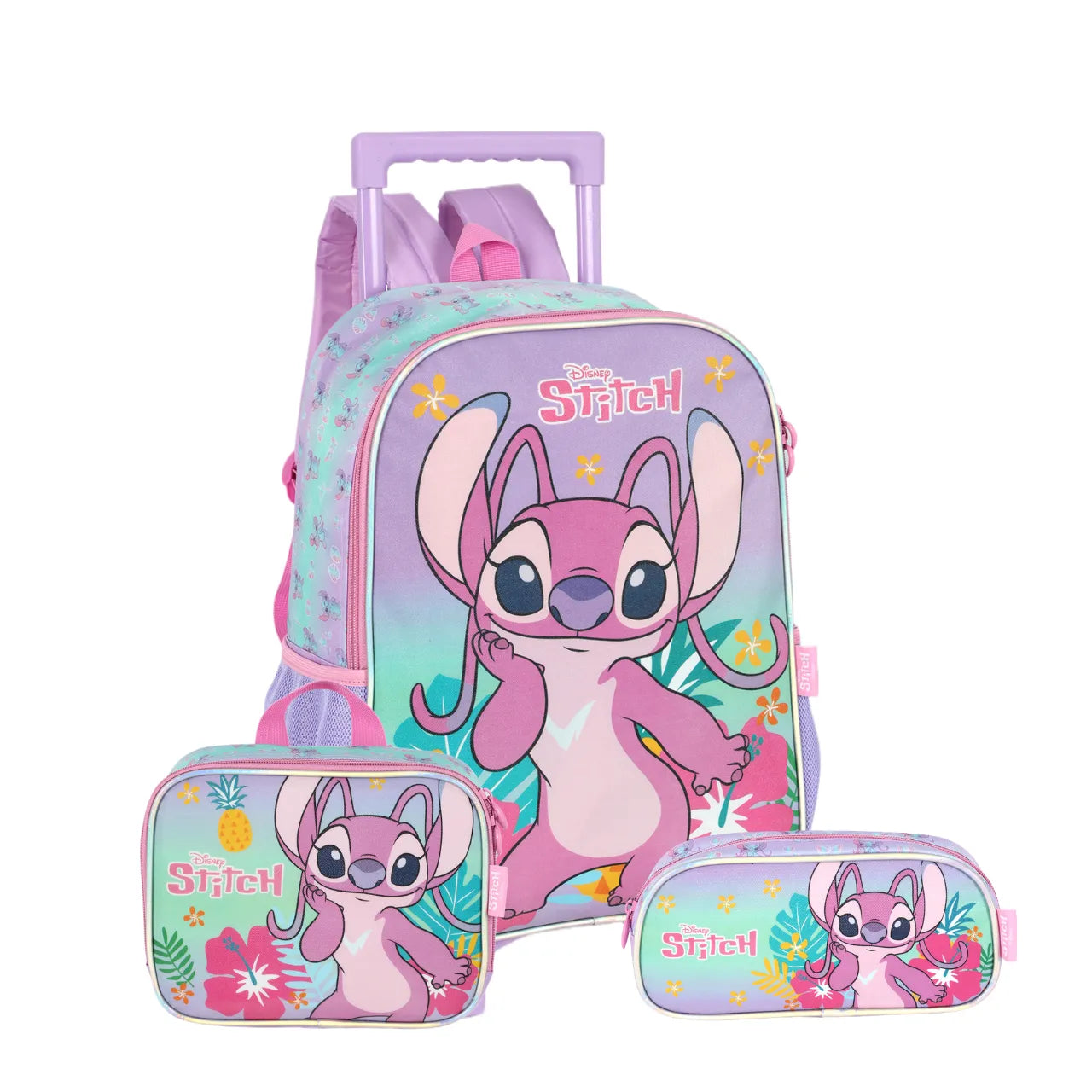Kit Mochila Rodinha Stitch Angel com Lancheira e Estojo