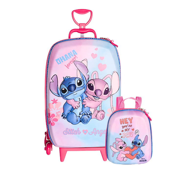 Kit Mochila Rodinha Infantil Stitch e Angel com Lancheira