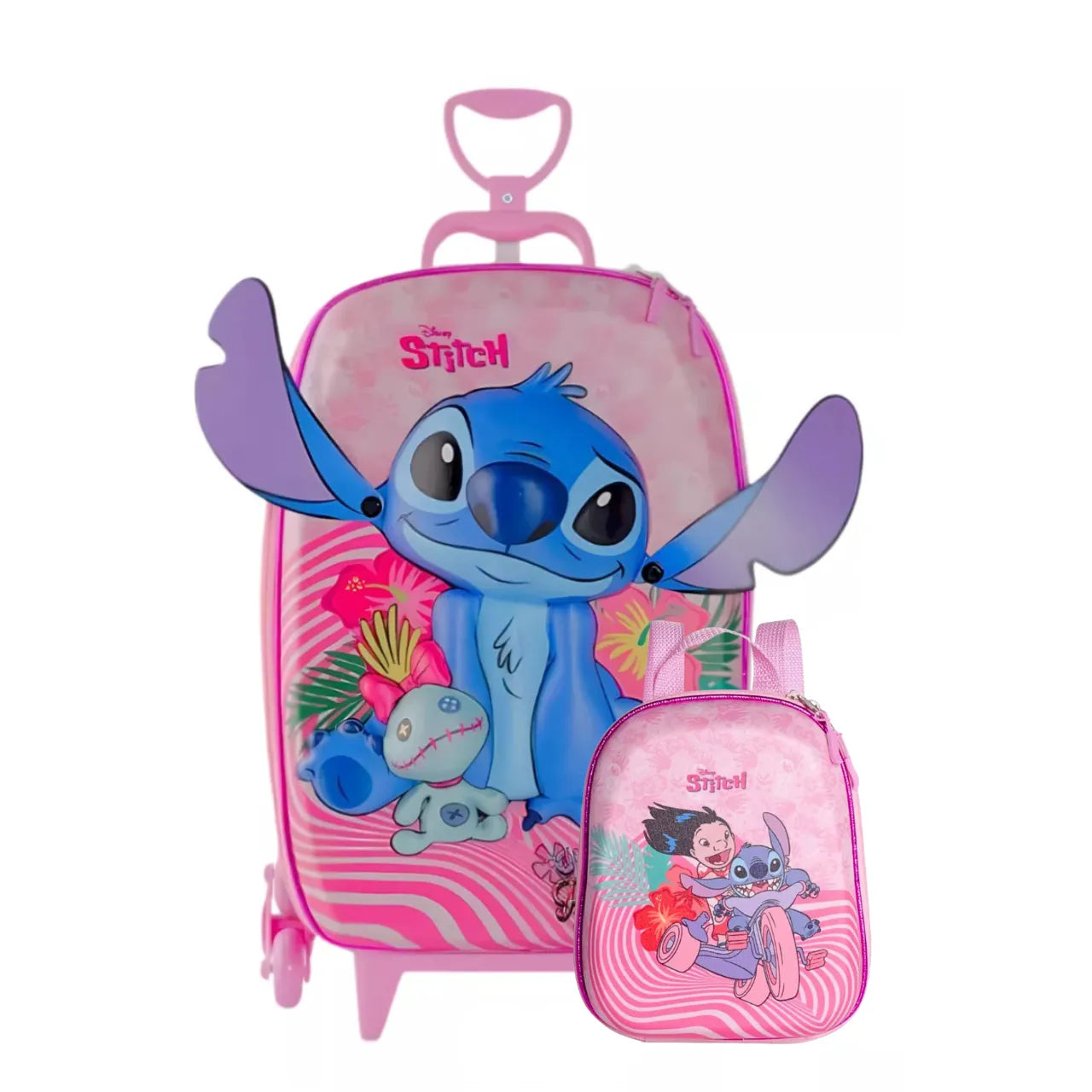 Kit Mochila Rodinha Infantil Stitch Rosa com Lancheira