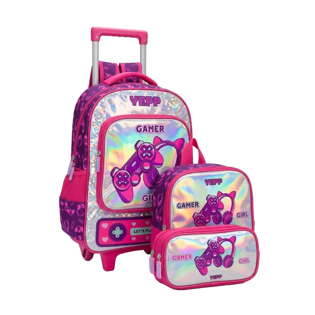 Kit Mochila de Rodinha Infantil Gamer com Lancheira e Estojo