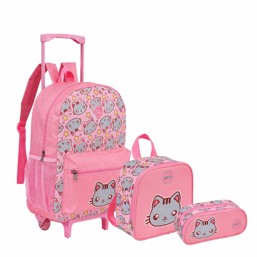 Kit Mochila de Rodinhas Infantil Gatinho Rosa com Lancheira e Estojo