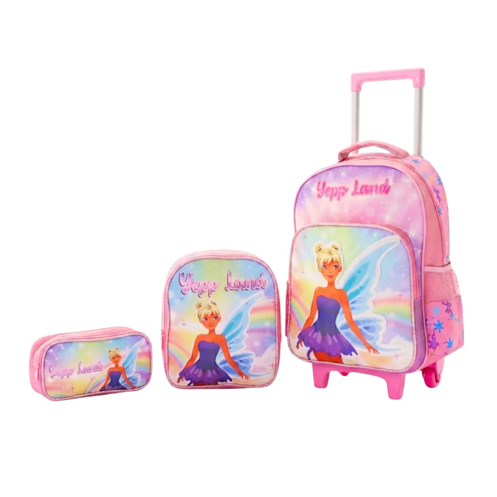 Kit Mochila Rodinha Fada Rosa com Lancheira e Estojo