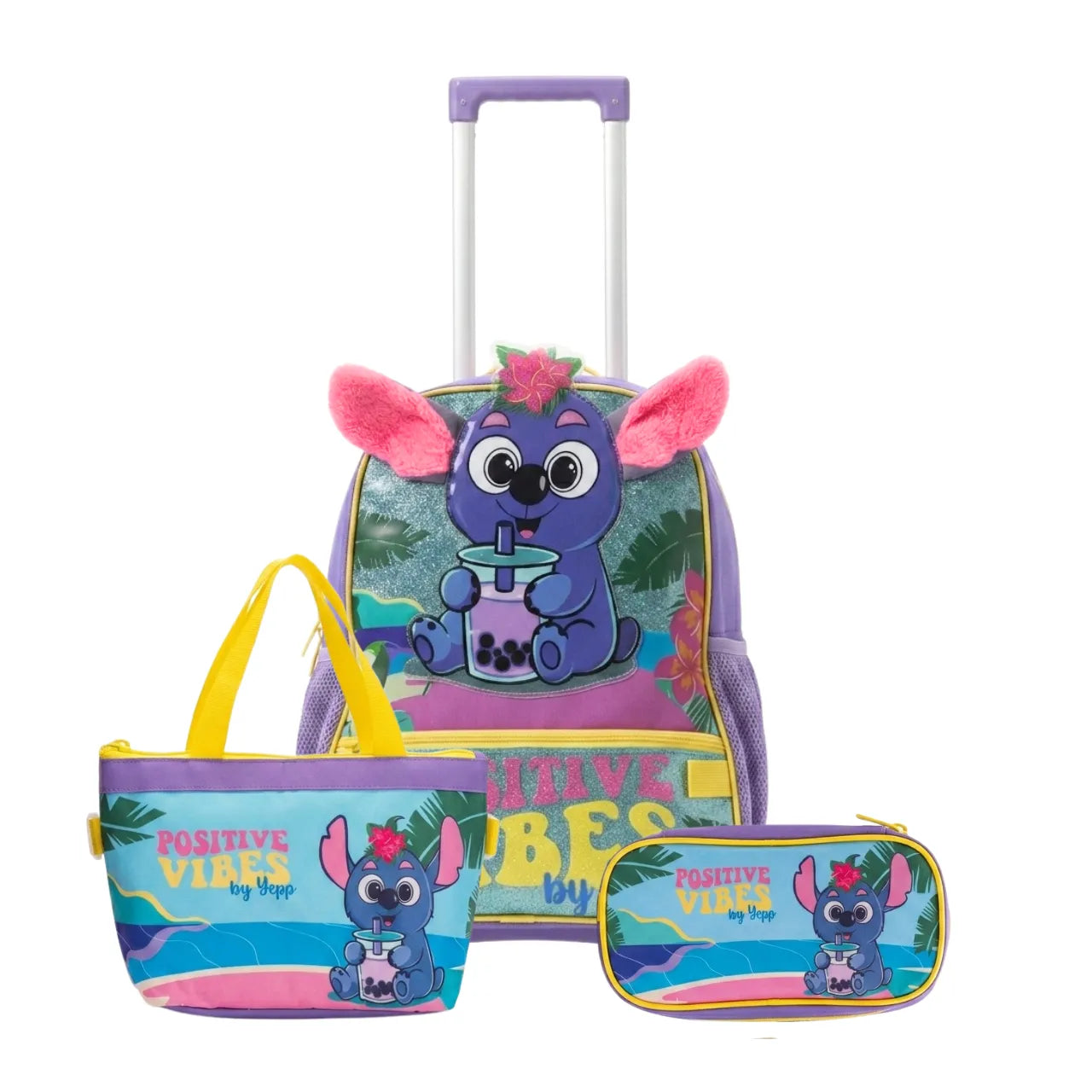 Kit Mochila Rodinha Positive Vibes com Lancheira e Estojo