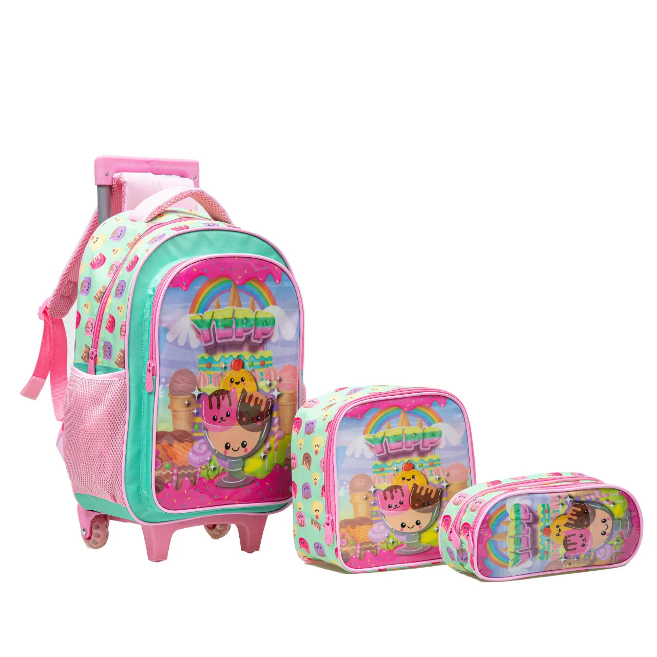 Kit Mochila Rodinha Infantil Sorvetes com Lancheira e Estojo