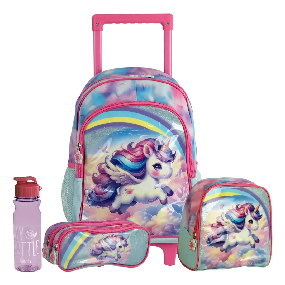 Kit Mochila de Rodinhas Pônei Rosa Nova Rio 4 Peças