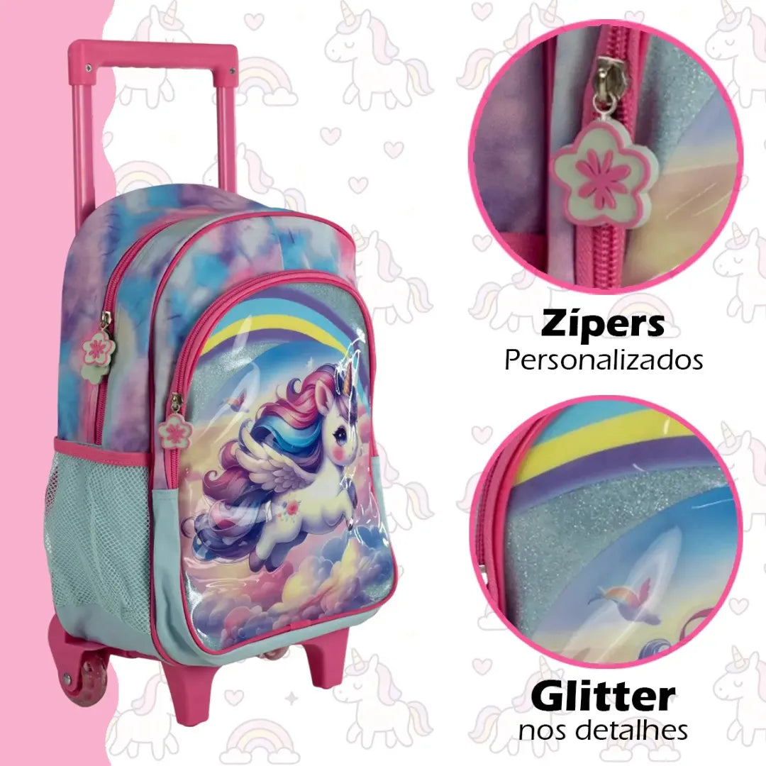 Kit Mochila de Rodinhas Pônei Rosa Nova Rio 4 Peças