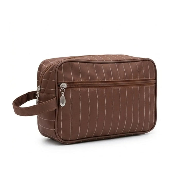 Necessaire Listrada Marrom com Alça e Zíper