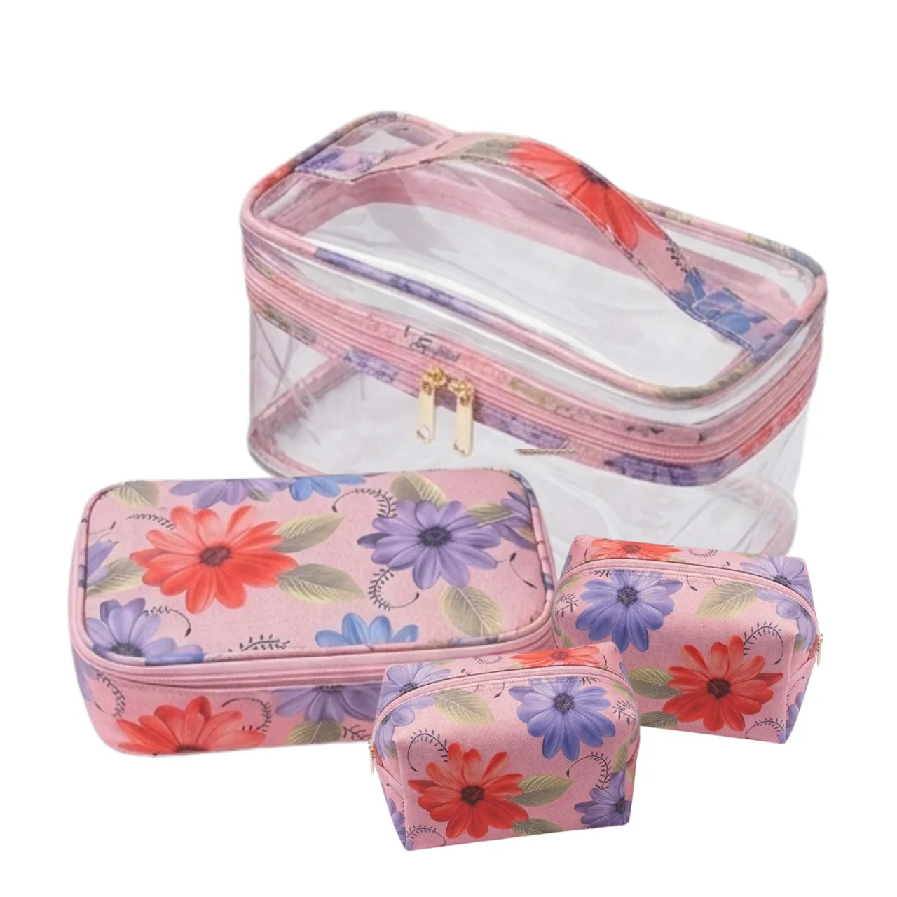 Kit Necessaire 4 Peças Rosa Floral com Zíper Organizador