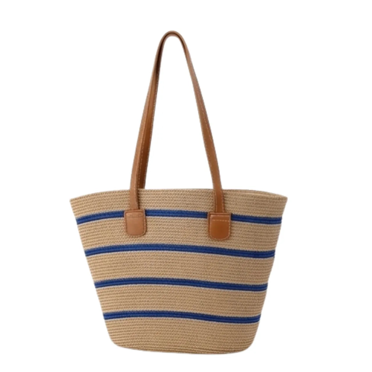 Bolsa Feminina Praia Palha Listrada Ombro Bege e Azul