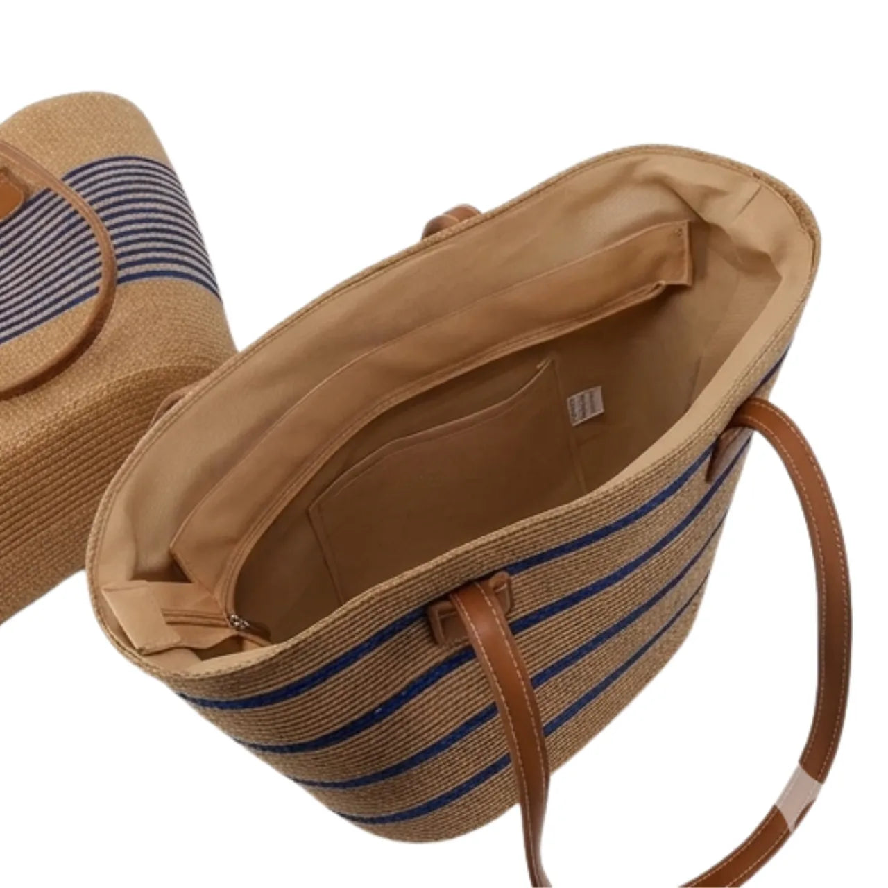 Bolsa Feminina Praia Palha Listrada Ombro Bege e Azul