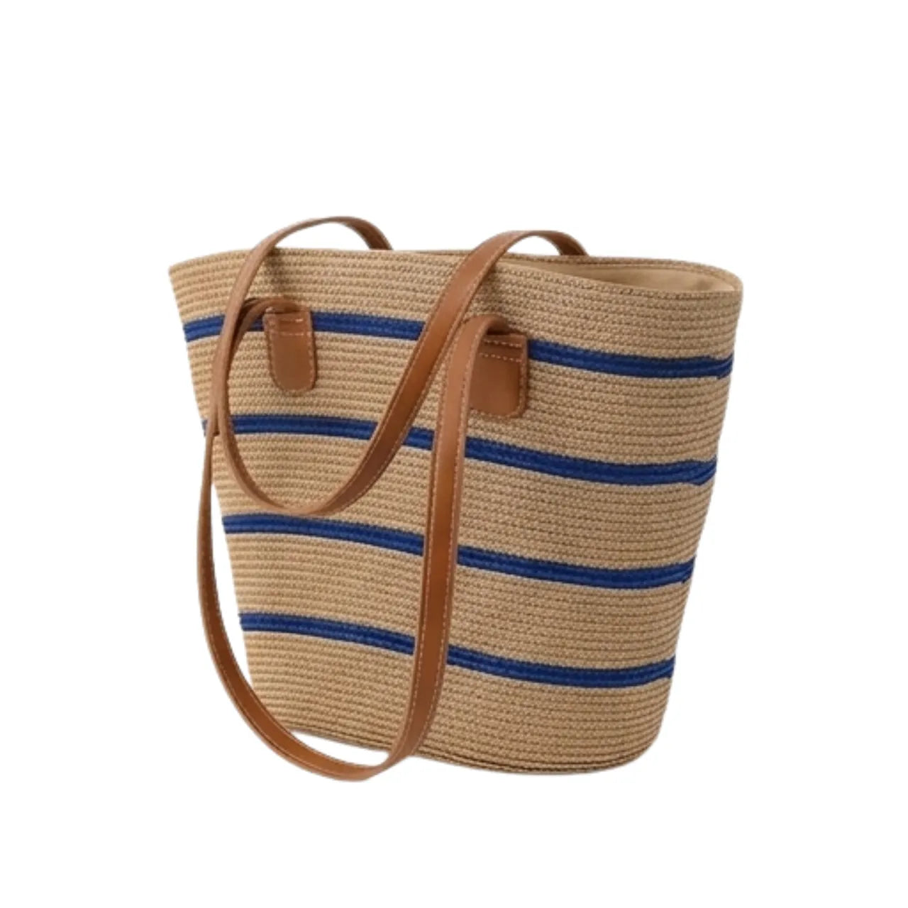 Bolsa Feminina Praia Palha Listrada Ombro Bege e Azul