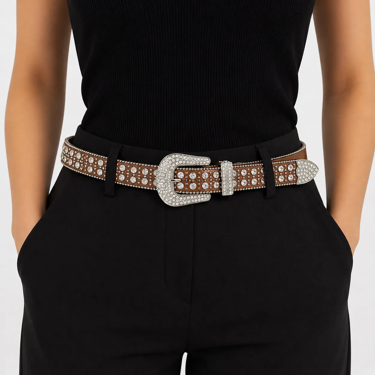 Cinto Feminino Strass Marrom Luxo Fashion Ajustável
