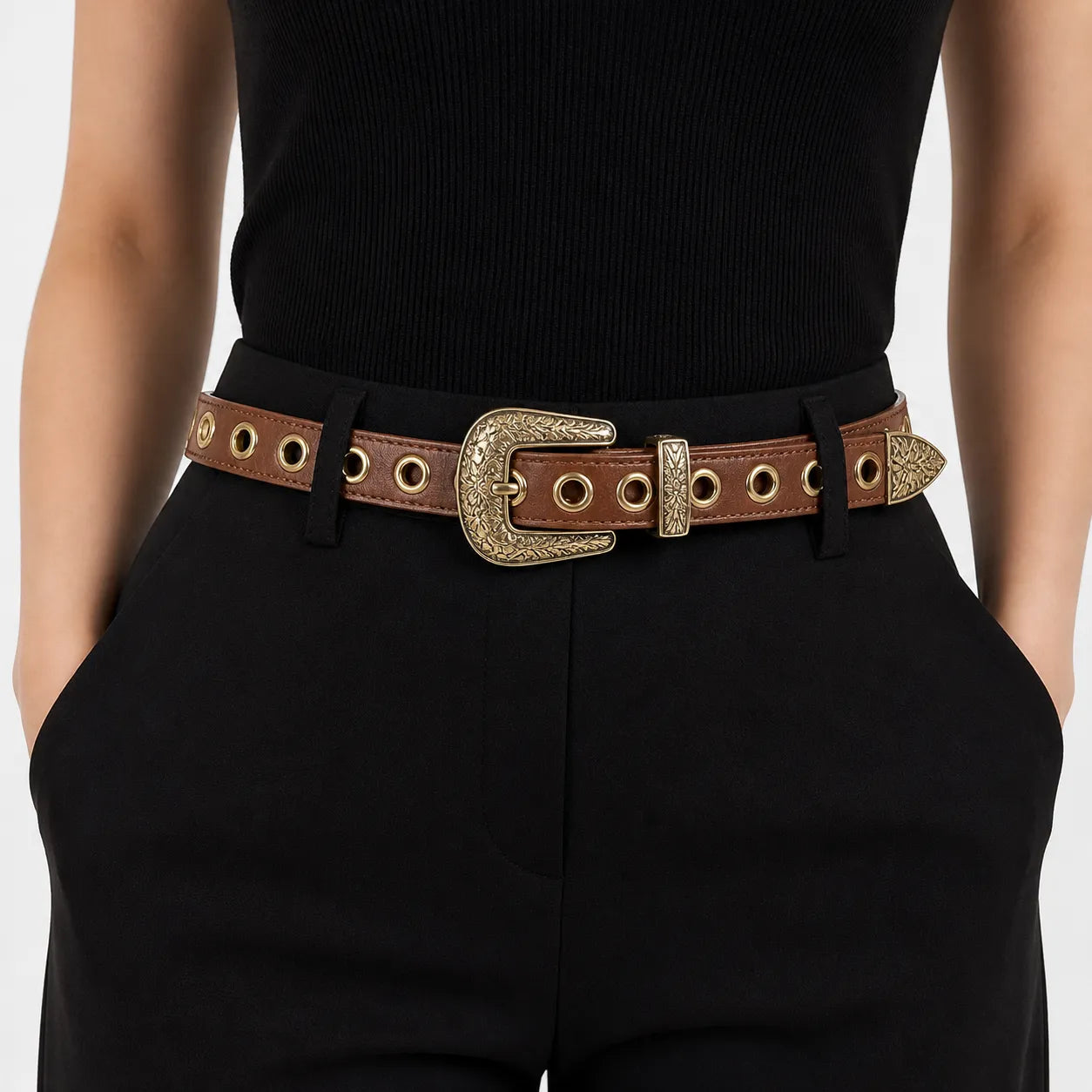 Cinto Feminino com Strass Marrom Brilho Elegante Ajustável