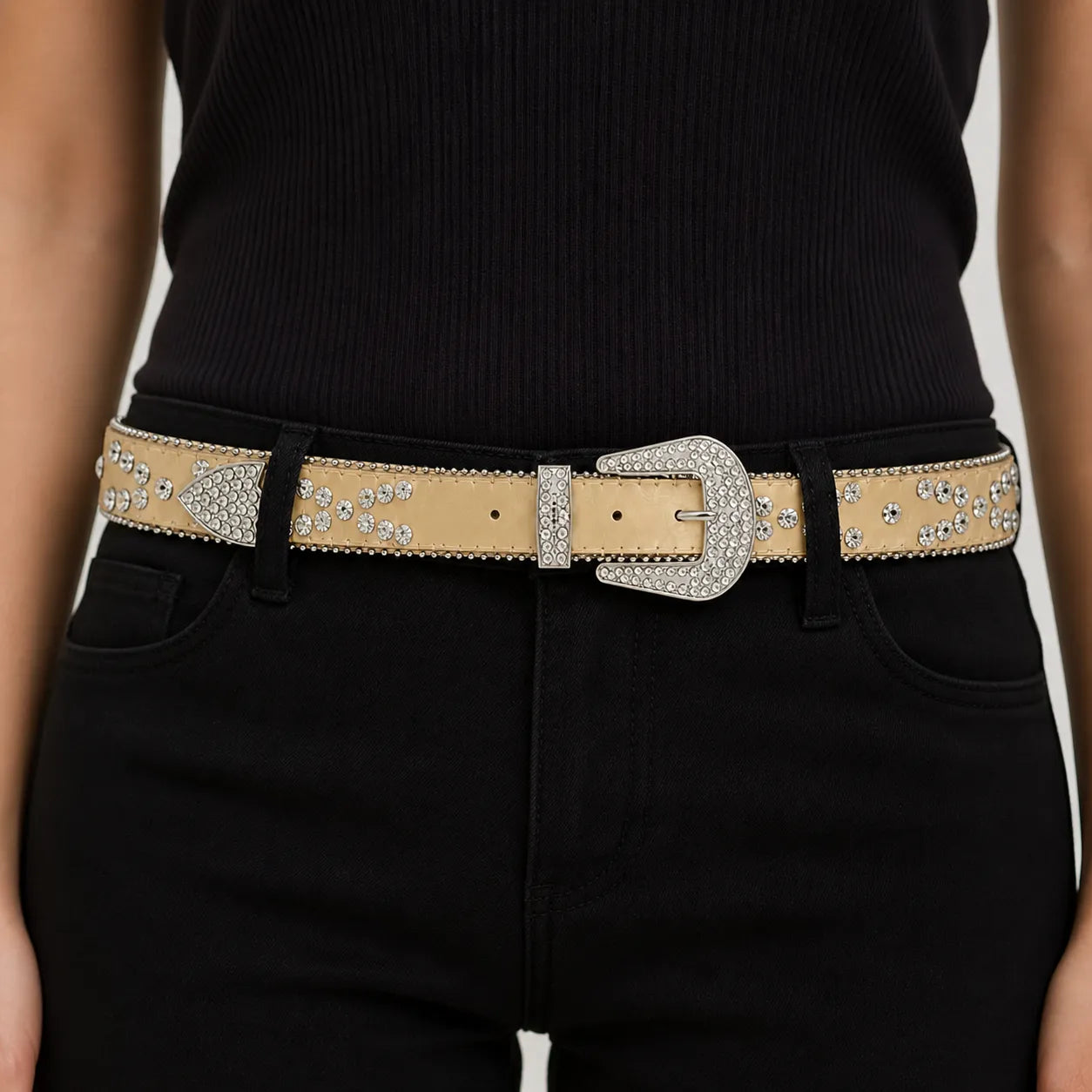 Cinto Feminino Bege com Strass Estilo Premium Elegante