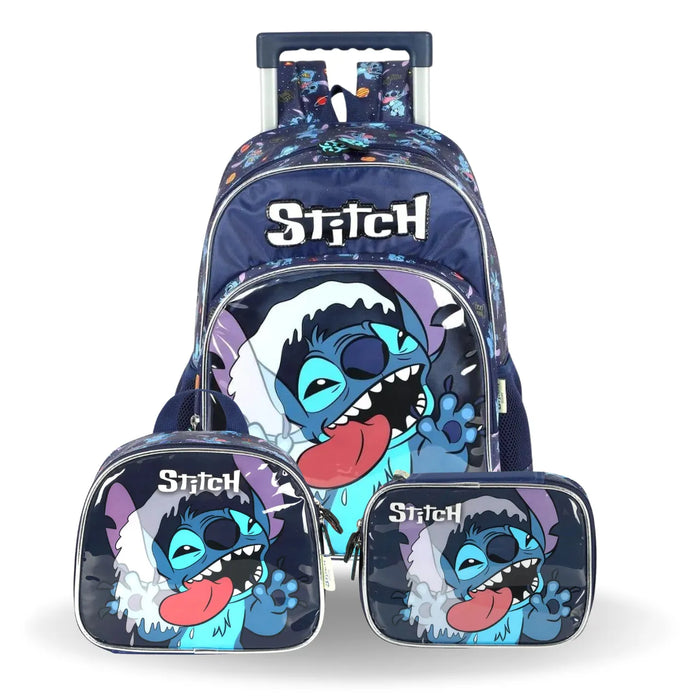 Kit Mochila de Roda Stitch Azul com Lancheira e Estojo Box