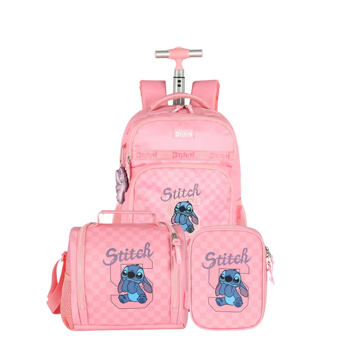 Kit Mochila Roda Stitch Rosa com Lancheira e Estojo Box