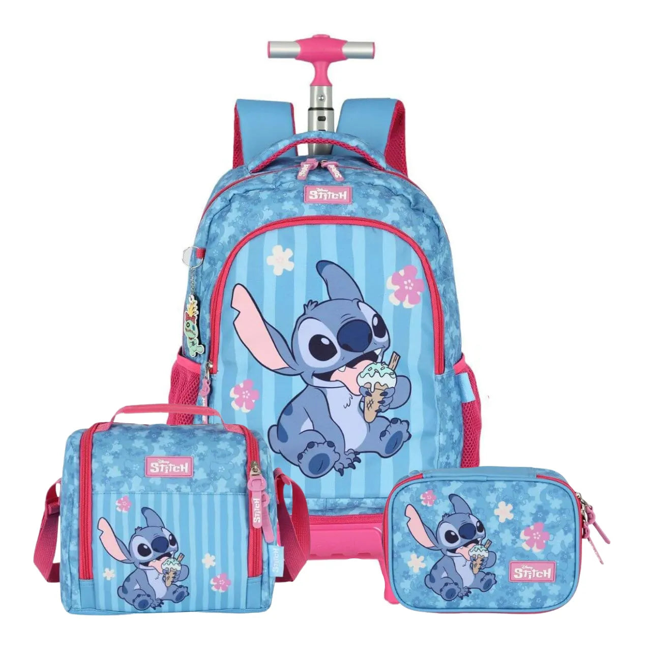 Kit Mochila Roda Stitch e Angel Azul com Lancheira e Estojo